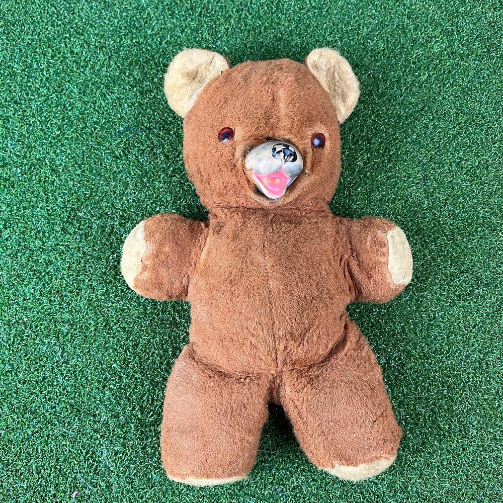 Vintage 1950s Rubber Face Teddy Bear Plush 12" Brown Stuffed Toy Distressed